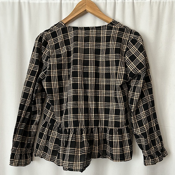 Madewell Black/Beige Checkered Long Sleeve Babydoll Shirt Top **Size S**🌸🌸 - Picture 2 of 4